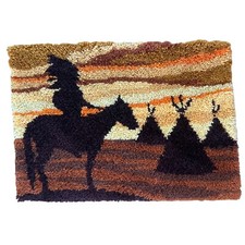 VTG 70s Native American Tepee Horse Sunset Latch Hook Wall Hanging Brown Orange
