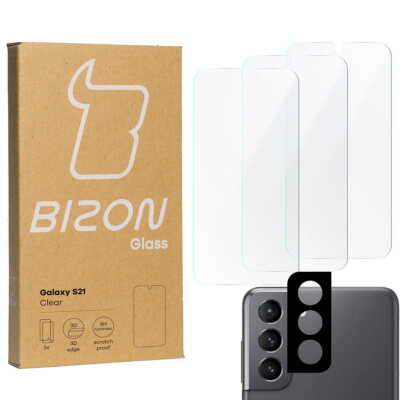 Gehärtetes Glas Bizon Glass Clear - 3 Stück + Kameraschutz für Galaxy S21 5G