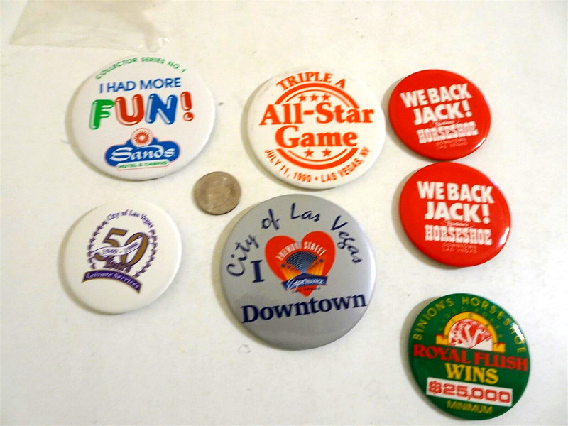 7 Vintage Las Vegas Buttons pin backs Sands Binion's Fremont Experience