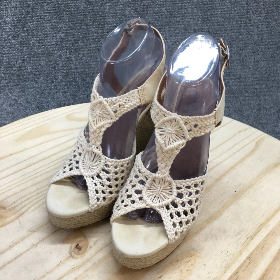 Tacones Lucky Brand para mujer 9,5 M crochet con cuña tela crema punta abierta Foto 3 de 4
