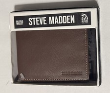 Steve Madden Men's Billfold Brown Leather Wallet With Back ID RFID NIB 50