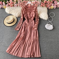 Ladies Crochet Lace Pleated Dress Long Sleeve Ruffled Swing Midi Floral Party