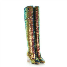 Women's modern Glitter Sequins High Clear Heels Over The Knee Boots Dance Shoes