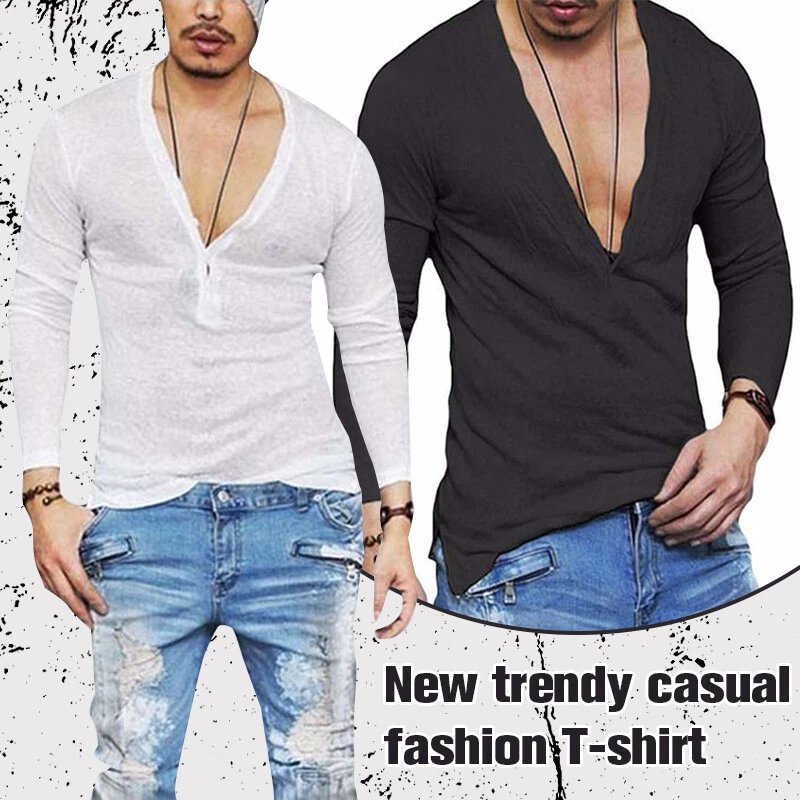 Mens Plain Long Sleeve T-shirt Deep V-Neck Button Muscle Tee Breathable Tops