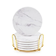 Geichan Coasters for Drinks White and Round Marble Coasters Absorbent with Ho...