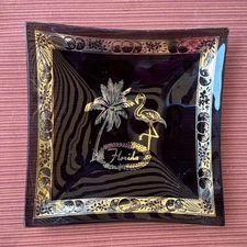 MCM Trinket Tray Ashtray Smoked Glass Florida Black Gold Trim Vintage Flamingo