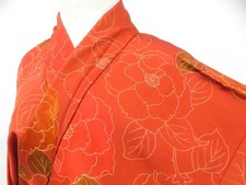JAPANESE KIMONO KOMON RED 152cm 5 ft 0 in PURE SILK EE3141