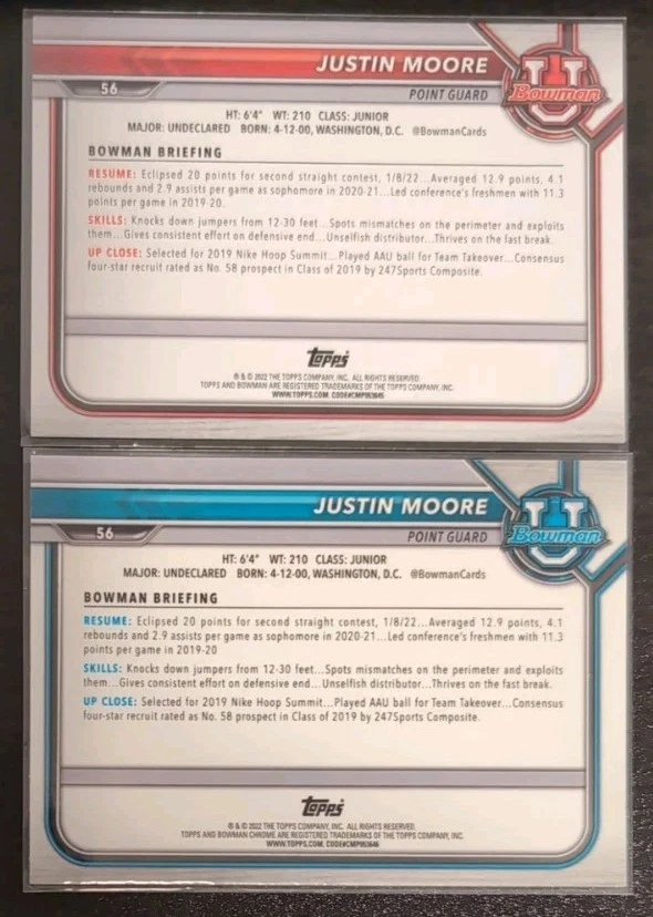 Justin Moore #56 2022 Bowman Chrome University Pink Refractor and Base Card - Image 2 of 2