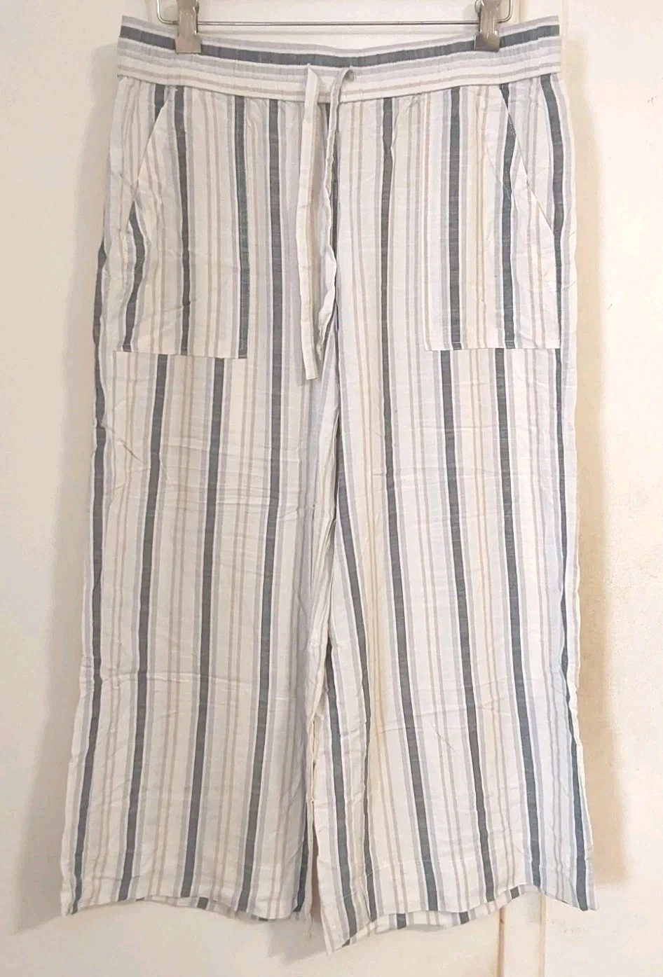 LOFT Pull On Wide Leg Crop Pants Ivory Gray Stripe Drawstring Lightweight Size M