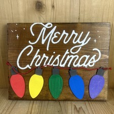 Rustic Wood Merry Christmas Sign Light Bulbs Holiday Wall Decor Plaque Handmade