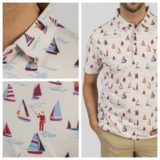 William Murray Golf Polo Shirt Men’s L Large Sail Away White Boat DISCONTINUED