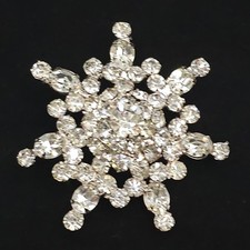 Vintage Rhinestone Snowflake Brooch Clear Starburst Silver Tone Holiday 2 in Pin