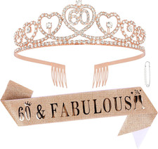 Rose Gold 60Th Birthday Sash and Crown Adult Women Rhinestone Birthday Tiara Ros