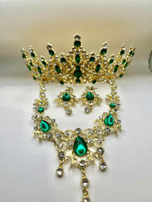 Green Rhinestone Jewelry 3-PCS Set - Crown Tiara , Earrings, and Necklace