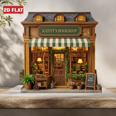 Custom Name Bookshop Wooden Block 2D FLAT Bookstore Decor Library Read Girl Gift