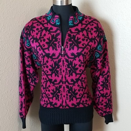Suéter Ossi Skiwear Vintage Cremallera Parcial Frontal Rosa Negro Talla Mediana M - Imagen 2 de 7