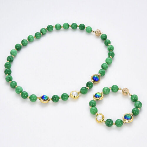 Cultured Keshi Pearl Green Jade Gold Blue Murano Glass Necklace Bracelet Sets - Picture 1 of 11