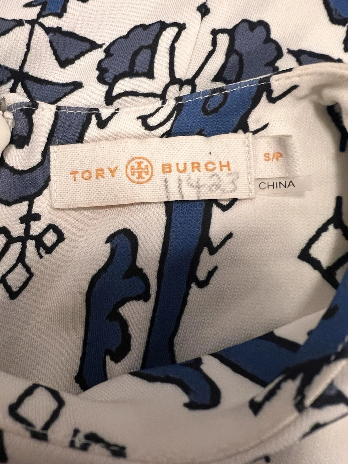 Abito a tubino Tory Burch stampato in jersey opaco manica lunga Malibu blu Lisbona taglia S