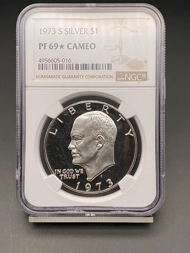1973 S SILVER EISENHOWER DOLLAR $1 NGC PF 69 *STAR* + CAMEO