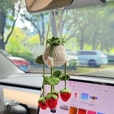Crochet Strawberry Hanging Plant, Aesthetic Car Interior Hanging Ornament, Re...