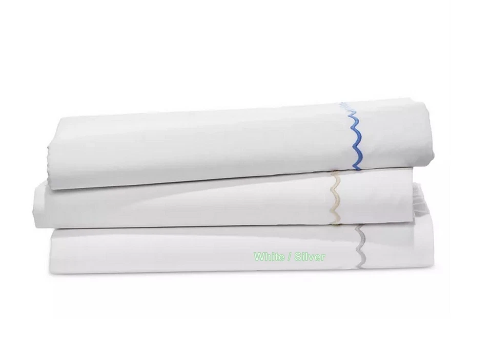 Matouk Astrid 350TC Percale Cotton TWIN 3-Pcs. Sheet Set White /Silver $545 - Image 4 of 4