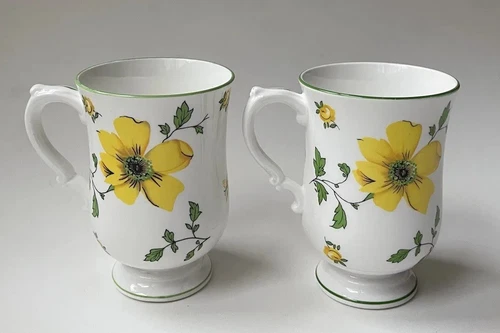 TWO Royal Victoria Fine Bone China 8 oz Mugs Yellow Flowers Made in England -C54
