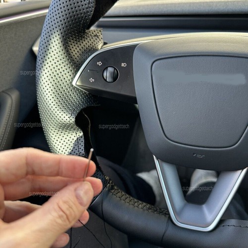 Steering Wheel Wrap For Tesla Model 3 Highland Black Perforated Leather Cover - Picture 9 of 16
