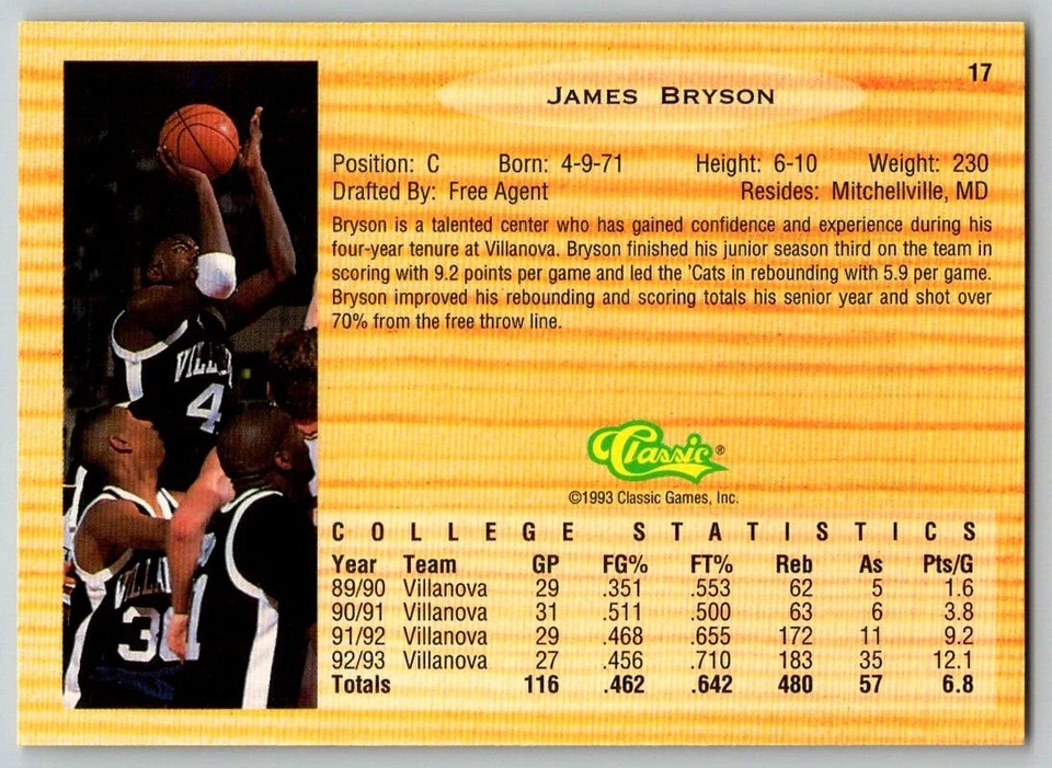1993-94 CLASSICS DRAFT PICKS JAMES BRYSON VILLANOVA WILDCATS #17 - Image 2 of 2