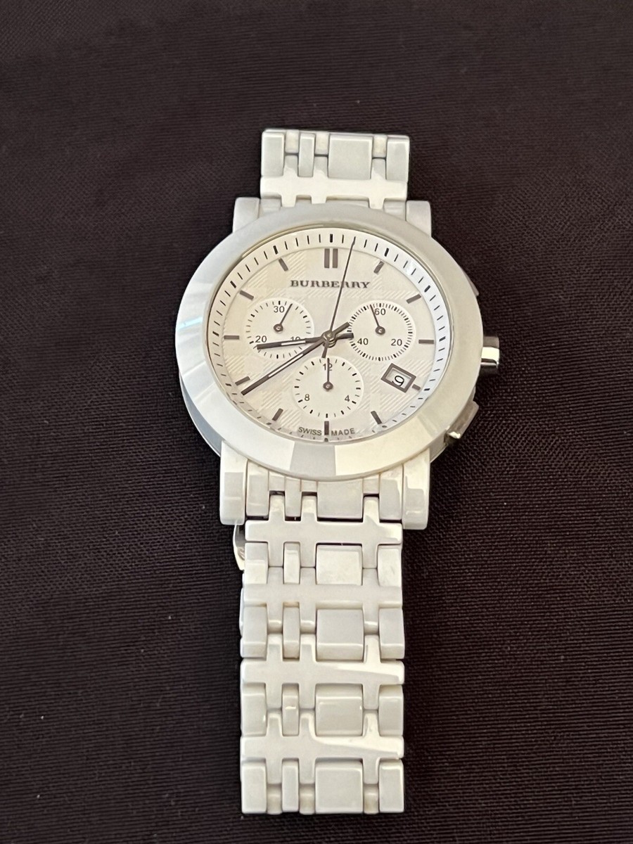BURBERRY MENS WATCH LOGO HERITAGE WHITE CERAMIC SWISS BU1770 40MM