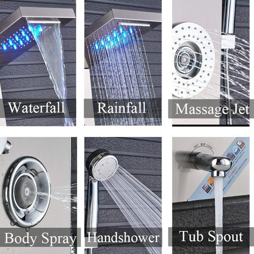 Stainless Steel LED Shower Panel Tower Rain&Waterfall Massage Jets System Mixer - Picture 32 of 187