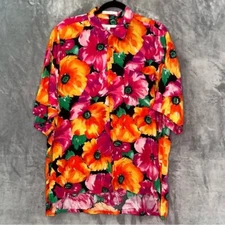 Perry Ellis Women Artsy Vibrant Floral Tulip Button Down Short Sleeves Wacky XL