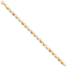 Real 14K Tri Tone Gold Womens Ladies 7.25" Stampato Hearts Link Bracelet Girls