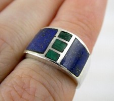 Southwestern Sterling Silver Lapis Lazuli and Malachite Inlay Band Ring Size 7