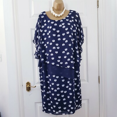 Jacques Vert Dress Sz 14 Blue Layered Overlay Polka Dot Occasion