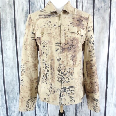 Gerry Weber Women's Sz 8 Tan Black Floral Full Zipper Lined Coat Jacket (W3)