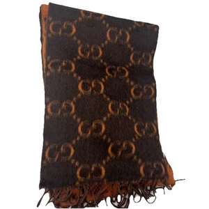 Foulard 100% authentique GUCCI mandarine et marron laine alpaga grand GG rock monogramme