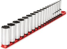 TEKTON 3/8 Inch Drive Deep 12-Point Socket Set with Rail, 19-Piece 6-24 mm 