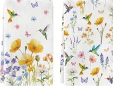 Spring Kitchen Towels Sets, Hummingbird Towels, Medium, Floral Bird-1