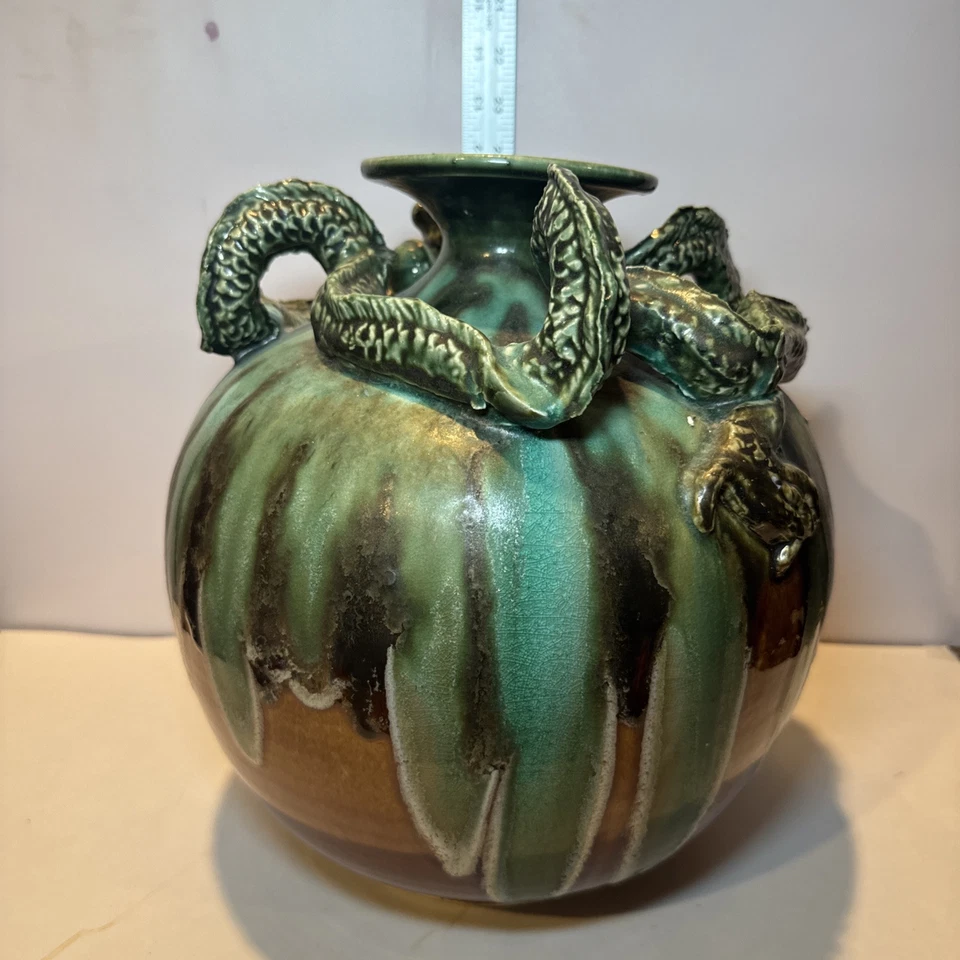 Jarrón grande vintage asiático marrón y espectacular esmalte verde cerámica dragón Foto 4 de 4