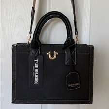Image of TRUE RELIGION Modern Edge Crossbody Tote Bag Black Tan Logo Strap NWT