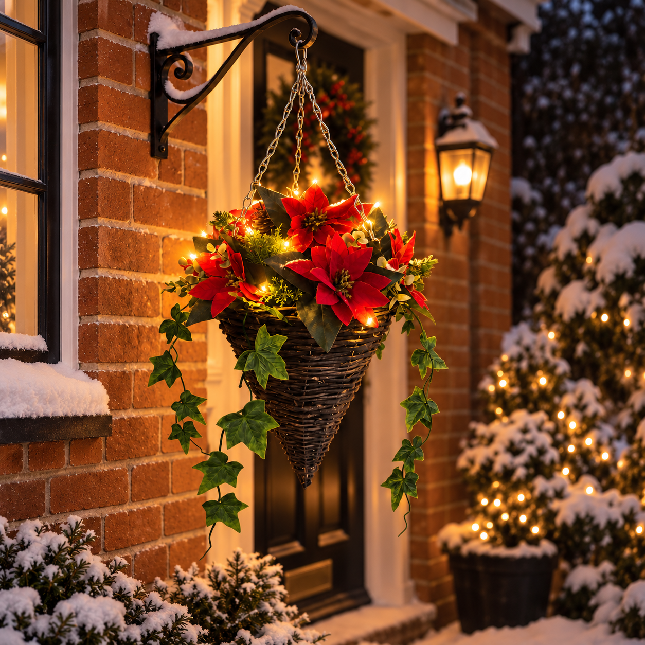 Best Artificial Red Pre Lit Christmas Poinsettia Cone Hanging Basket, 30Cm, Flowers, Berries, Pine Cones With Warm White Lights - Image 2