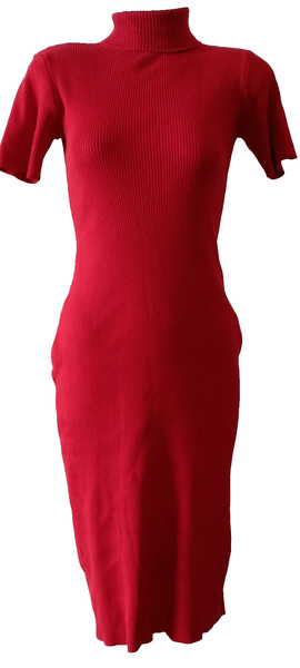 TUSSAH Red Ribbed Knit Midi Dress Short Sleeve Turtleneck Roll Neck SZ S Bodycon