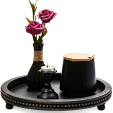 Black Round Wooden Tray with Beads for Coffee Table Dining Entryway Decor
