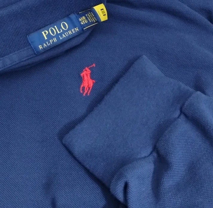 Polo Ralph Lauren uomo blu navy piqué cotone rosso pony camicia manica lunga 4XB