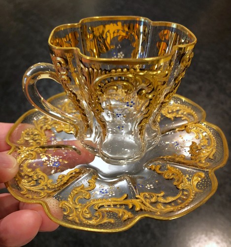 EXQUISITE BOHEMIAN MOSER ART GLASS RAISED GOLD ENAMEL CUP AND SAUCER