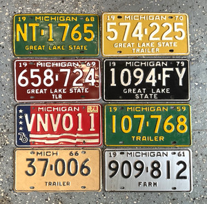 RARE LOT OF 8 MICHIGAN LICENSE PLATES FARM TRAILER 1959 1961 1970 1976 1979