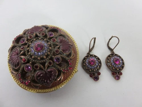 Joan Rivers Hidden Treasures Amethyst Keepsake Trinket Box Brooch/Pin & Earrings