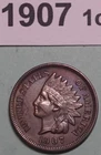 1907 INDIAN HEAD US COPPER ONE CENT COIN AU DIAMONDS ON RIBBON SMUDGED  OBVERSE