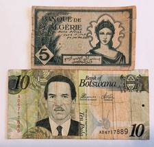 Africa 2 Notes Lot - Algeria 5 Francs 1942 & Botswana 10 Pula