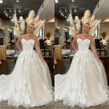 Elegant Wedding Dresses Strapless Lace Appliques A Line Sweep Train Bridal Gowns